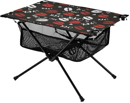FRODOTGV Glamour Red Lips Hearts Faltbares Tablett Tisch Grilltisch mit Tragetasche Ultra Compact Faltbar Outdoor Tisch Outdoor Küche Picknick Camping Tisch Zusammenklappbar