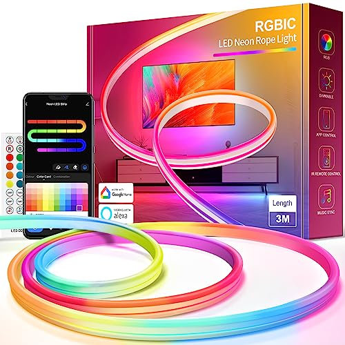 Beaeet Luces led Neon 3 metros, Tira LED Neón RGB+IC con Control de APP, DIY, Sincronización de Música, Compatible con Alexa, Tira LED Neón para dormitorio, fiesta de cumpleaños, navidad