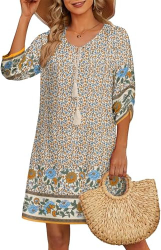 Zeagoo Women Casual Beach Summer Dress Boho Tassel Tie Neck 3/4 Long Sleeve Short Floral Print Flowy Cover Up Sundresses Apricot