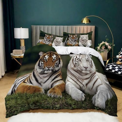 Biber Bettwäsche Mehrfarbig 135 x 200 cm Tierisches Bengal-Tiger-Muster Bettbezug, 3teilig Flauschige Flanell Bettwäsche Set mit Kissenbezug 80x80 cm - Atmungsaktiv, Warm & Hautfreundlich Deckenbezug