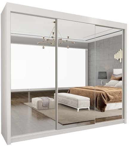 Style Heaven Modern Sliding Door Wardrobe for Bedroom,Matt Finish,3 Mirrored Sliding Doors wardrobes 6 Adjustable Shelves & 2 Hanging Rail,made of MDF Chipboard, aluminium Handles Chicago(250cm White)