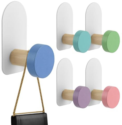 5 PCs Coat Hooks,Self-Adhesive Kids Coat Hooks Cartoon Animal Pattern Wooden Hooks Wall Hook Door Hooks for Towel, Clothes, Key, Backpacks and Hats(Macaron Round)