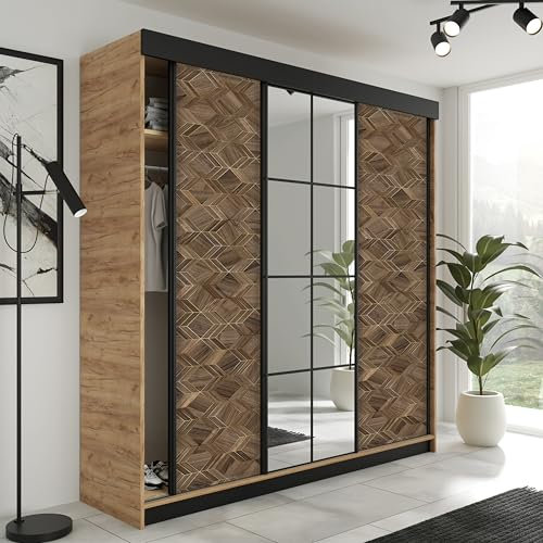 KIER FURNITURE Schiebegarderobe LAMARO mit Spiegel - Schrank Schlafzimmer – Schlafzimmerschrank – Wardrobe Bedroom – Kleiderschränke – Kleiderschrank - 200x205x59cm - Eiche Handwerk Gold & Art Deco