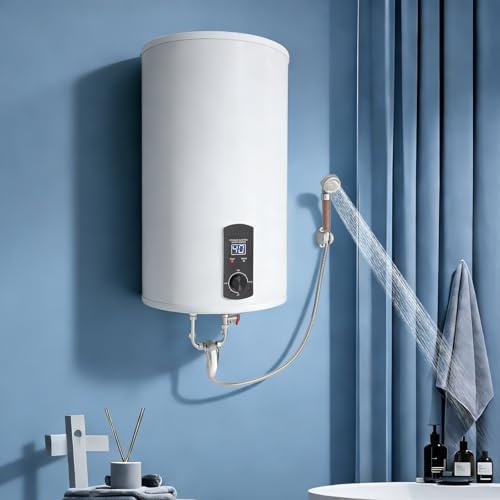 Calentador de Agua Eléctrico Vertical de 70L, Termo Vertical, Hervidor de Agua Eléctrico, Calentador de Acero Esmaltado con Pantalla LED Digital con Ducha de Mano y Grifo para Cocina y Baño, 2000W