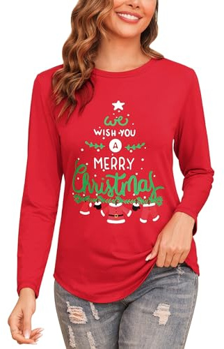 Gyabnw Merry Christmas Tops for Women UK Family Xmas T Shirts Long Sleeve Funny Printed Clothes Holiday Vacation Gift