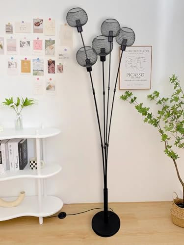 Osasy Neuheit Kreative Stehleuchte 5 Wohnzimmer Stehlampeaus Metall/Stoff in Schwarz/Gold, Fußschalter am Kabel, stehlampe modern für Büro Esszimmer (Schwarz-gold2)