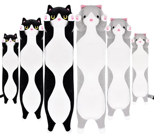 Aragallant Langes Katzen Plüsch Kuscheltier, Katze Kissen 90 cm, Weiches Plüschtier, Plüsch Spielzeug Geburtstag Weihnachten Geschenk für Kinder (Grau, 90CM)