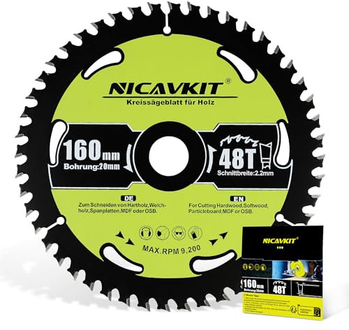 NICAVKIT Lame de scie circulaire Ø 160 x 20 mm pour bois (lame de scie pour bois, diamètre 160 x 20 x 2,2 mm, 48 dents, accessoire de scie circulaire) - Convient aux bois tendres et durs