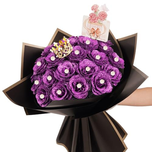 Glitzer-Rosenstrauß, Valentinstag, immerwährend, glänzend, künstlicher Blumenstrauß, violette Kunstblumen mit Stiel, Perlenkrone, für Abschlussgeschenke, Hochzeitstag, Verlobung, Geburtstag, 25 Stück
