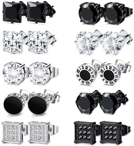 10 Paar Herren Ohrringe, 8mm Edelstahl Ohrstecker, Silber Schwarzer Cubic Zirkonia Ohrstecker, Diamant Ohrringe Männer, Quadratische Runde Ohrstecker mit CZ Schmuck für Männer Junge Frauen (A)