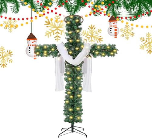 Árbol de Navidad falso – Árbol brillante LED, árbol de pino artificial en cruz, árbol de cruz de Navidad plegable, anillo de ratán de madera con bufanda de seda ligera LED, árboles de Navidad