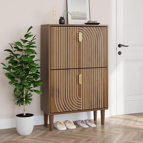 Smuxee Schuhschrank mit 2 Klappfächern, 60 cm Nussbaum Optik Schuhschrank mit Rillendesign, freistehender Schuhorganizer für Flur, Diele & Wohnzimmer