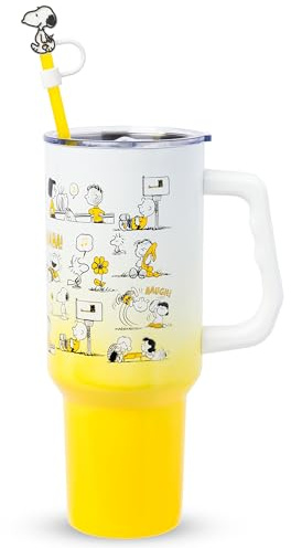 Silver Buffalo Peanuts Multi Pose Yellow Character Pattern Ombre 40oz Stainless Steel Tumbler with Straw, Lid, and Handle