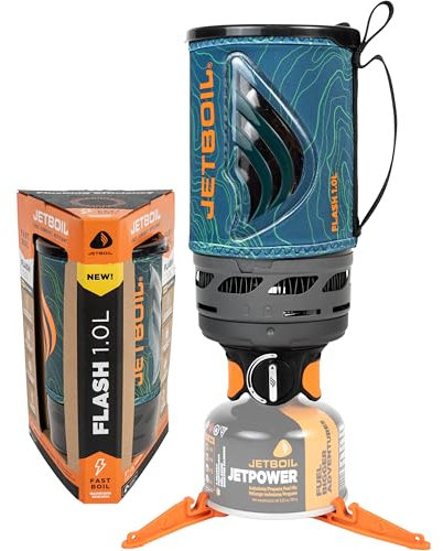 Jetboil Flash Réchaud portable à ébullition rapide de 1 l pour camping et randonnée avec allumage automatique en 1 étape, brûleur au propane/isobutane avec tasse de cuisson, Ocean Topo