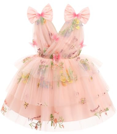 IDOPIP Robe Filles 3D Papillon V Cou Tulle Tutu Le Rainbow Princesse Formel Fête sans Manches en Maille Gâteau Moelleux Demoiselle d'honneur Rose pâle 90