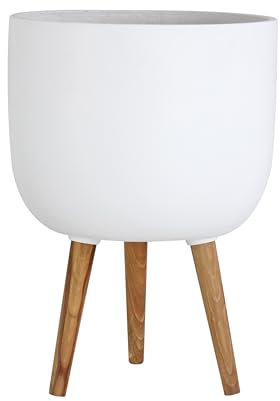 Olly & Rose Maceta Extragrande Macetas Grandes de Color Blanco Mate con Patas de Madera Dura, Soporte para Plantas, Cubremacetas, Maceta Estampada XL con Soporte, 38 cm