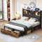 Metallbett 140x200 cm mit 2 großen Schubladen, Doppelbett Polsterbett mit LED-Kopfteil und USB-Anschluss, Schubladenbett Stauraumbett Jugendbett, Design in Vintage Braun+Schwarz (Typ B, 140x200cm)