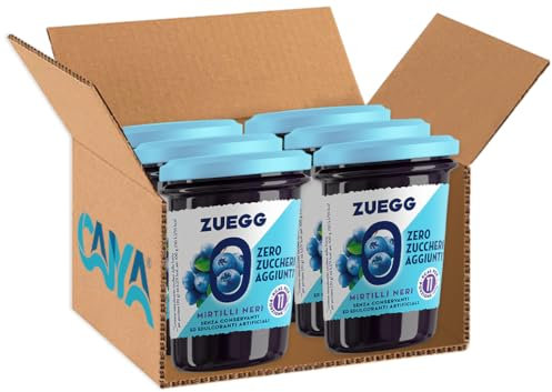 Confettura ZERO Mirtilli Neri, Marmellata Zero Zuccheri Aggiunti, Vegano e Senza Glutine, per zuegg 220g [BOX con 6 Vasetti]