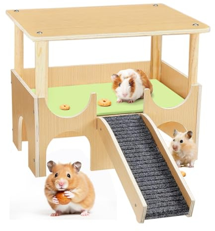 Meerschweinchen Haus, 38 x 23.7 x 35.5 cm Hölzerne Meerschweinchen Käfig mit Dach, Abnehmbar Meerschweinchenschloss mit 3 Höhlen und Treppen für Hamster, Chinchillas, Frettchen