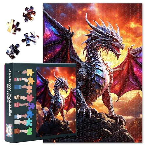 Majestätische Drachenpuzzles - 1000 Teile Drachen, Der Durch Einen Feurigen Himmel Fliegt Puzzles Für Erwachsene Kunstwerk Heimdekoration Witziges Puzzle Als Geschenk Für Puzzle-Liebhaber 50cmx70cm