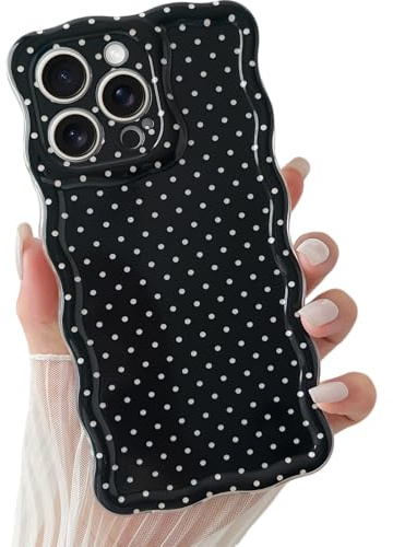 Yeddabox for iPhone 14 Pro Max Case Cute Wavy Polka Dot Phone Case Soft TPU Slim Shockproof Phone Cover for Women Girls, Black