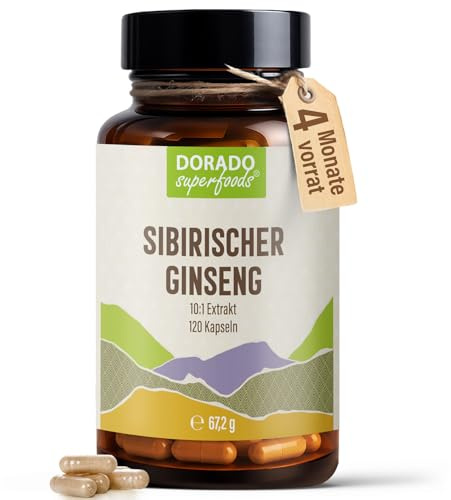 Sibirischer Ginseng Extrakt Kapseln Hochdosiert – 460 mg 30:1 Extrakt pro Kapsel | Entspricht 13.800 mg Wurzel | 1,3% Saponine | 120 Vegane HPMC-Kapseln | 120 Tage Vorrat | Dorado Superfoods®