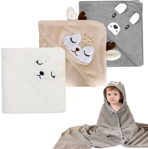 Feegela 3er Kapuzenhandtuch Baby80x80cm weich saugstark Tiermotive | Babyhandtuch mit Kapuze , Weiches Baby Handtuch Kapuze aus Korallenplüsch, Tiermuster Baby Badetuch (Weiß, Grau, Kaffee)
