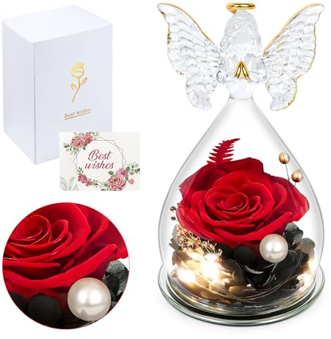Ninonly Ewige Rose im Glas mit Engel Figur Infinity Rose Geschenk für Frauen Romantisches Geburtstagsgeschenk für Mama Oma Freundin zu Weihnachten Muttertag & Valentinstag