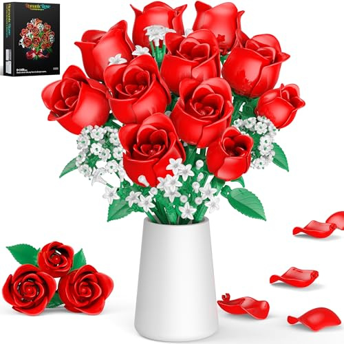 MOGZZi Kit de Construction de Bouquet pour Adultes, 15 Flower Artificielles avec Roses, Cadeau pour Filles Enfants 6+ Anniversaires, Fête des Mères, Saint-Valentin pour Elle ou Lui, 459 Pcs