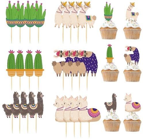Vyqrx Alpaka Tortendeko Set, Lama Cake Topper, 24 Stück, Kaktus und Lama Design, Cupcake Dekoration für Geburtstag und Party