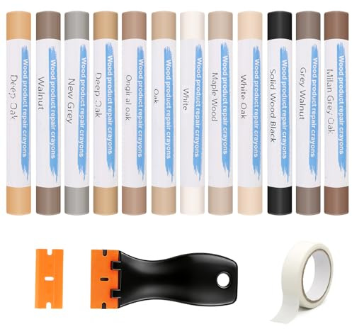 Velozym Hartwachs Reparaturset 12 Farben, Laminat & Parkett Reparatur, Möbel Reparatur Wachsstifte mit Spachtel & Malerband für Kratzer, Löcher in Holz, Laminat, Vinyl, Möbel