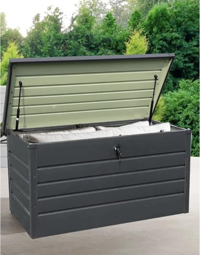 350L Extra Strong Metal Garden Storage Box, Outdoor Deck Box with Lock, Grey