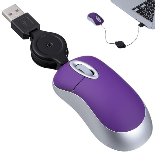 Abaodam Mini Usb Mouse with Retractable Cord, Portable Wired Optical Computer Mice for Laptop, Small Travel for Office Business Home School Woman Men Girls Boys Present - Purple