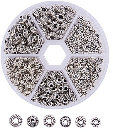 PH PandaHall 300pcs 6 Stil Antike Silber Abstandsperlen, Tibetische Metalllegierung Rohr Abstandshalter Blume Flache Rondelle Kleine lose Perlen für Armband Halskette Ohrring Schmuck Herstellung
