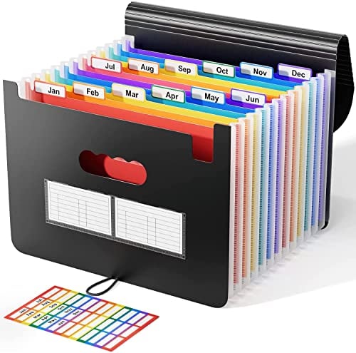 Dokumentenmappe A4 mit Deckel, ABClife Fächermappe Sortiermappe Bunte Datei Ordner Regenbogen Aktenordner Ordner Akkordeon Design A4 Größe Grosse Kapazität Wasserdicht Materia (12 Fächer mit Deckel)