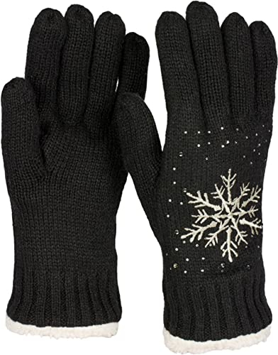 styleBREAKER Damen Handschuhe mit gestickter Schneeflocke, Strass und Fleece, warme Thermo Winter Strickhandschuhe 09010020, Farbe:Schwarz