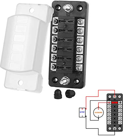 Jtron Boitier Fusible 12V Auto 6 Voies pour ATO/ATC 1-20A - Boite DC 32V avec Connecteur à Vis M5 et Porte-Fusible (6 Voies avec Pôle Négatif)