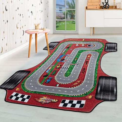 HomebyHome Kurzflor Kinderteppich für Jungen und Mädchen 80 x 120 cm Rot Grandprix Design - Waschbarer Teppich Extra Weich und Antiallergen - Teppich für Kinderzimmer, Babyzimmer und Spielzimmer