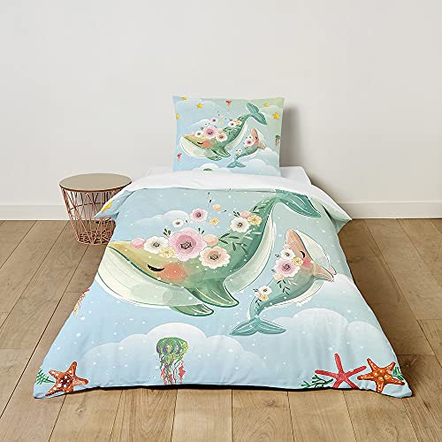 Morbuy Kinderbettwäsche Set mit Wal Muster - Kinderbettwäsche-Set Babybettwäsche für Mädchen Junge - Mikrofaser Bettbezüge Kissenbezug 2 teilig (100x135cm+40x60cm,Whale Doodle)