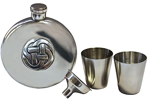 Sporran 5oz Hip Flask, 2 Shot Glasses and Funnel Stainless Steel Alcohol Whisky Gift Set Polished, Centre Window, Pewter Celtic Knot Badge Insert