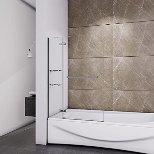 Acezanble Pare-baignoire 90x140cm avec les étagères, porte-serviette,5mm verre trempé transparent,pare de douche pivotant