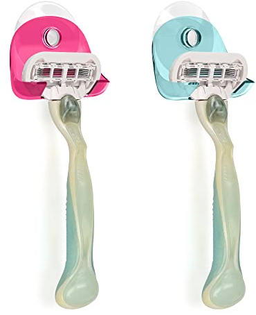 kwmobile 2X Razor Holder with Suction Cup - Self-Adhesive Shaver Wall Mount - Bathroom Organizer for Glass and Tiles - Light Blue/Dark Pink/Transparent
