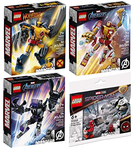 Lego Set of 4: 76202 Wolverine Mech, 76203 Iron Man Mech, 76204 Black Panther Mech & 30443 Spider-Mans Bridge Duel