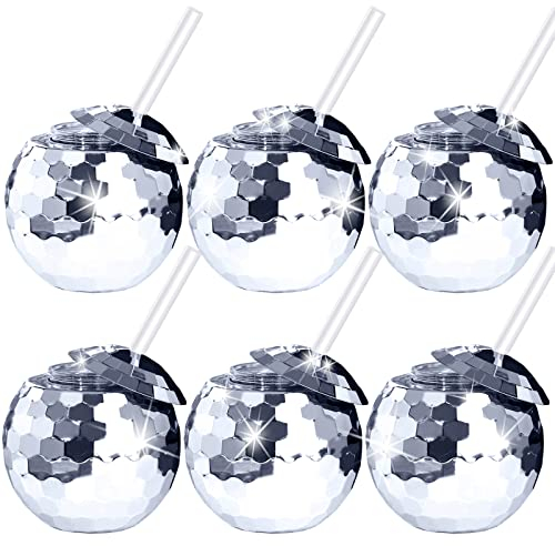 6 Stück Disco Ball Tassen Silber Kugelbecher Disco Flash Ball Cocktail Tasse Glitzer Disco Ball Becher mit Deckel und Strohhalm Disco Weinglas Trinksirup Teeflasche für Disco Bar Party Supplies