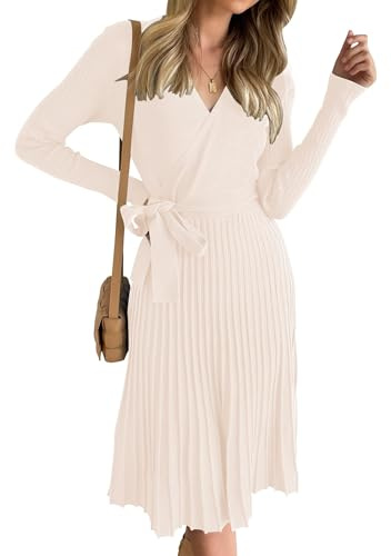 ZESICA Damenkleid, Langarm, Wickelkleid, V-Ausschnitt, Rippstrick, Plissee, A-Linie, Pulloverkleid mit Gürtel, für den Herbst
