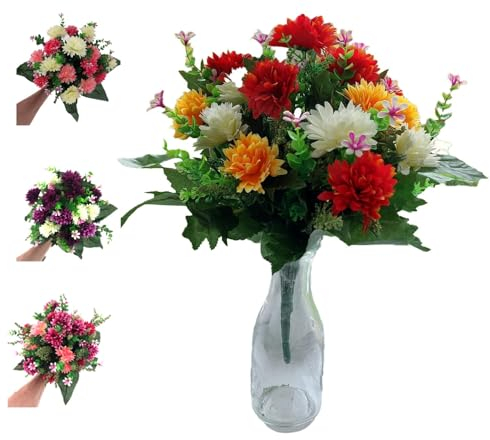 Realistic 41cm Artificial Cemetery Bouquet – UV Resistant Memorial Flowers with Wired Stems for Graves, Funerals & Garden Displays (Multiple Colors) Yellow, Orange & Red Chrysanthemum Bouquet