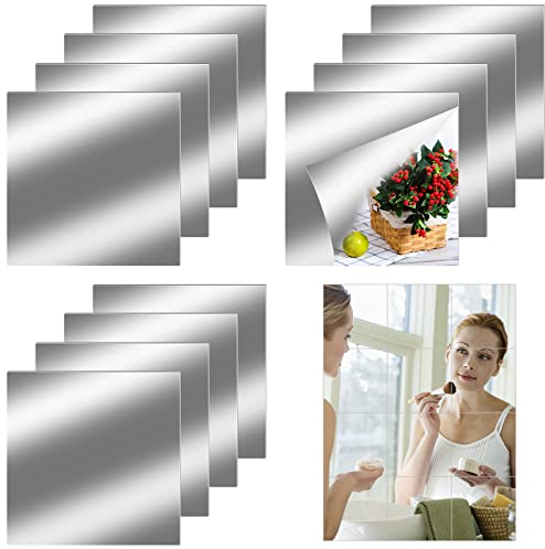 AOOGON 12 Stück 20x20cm Selbstklebende Fliesenspiegel, Flexibler Spiegel, Nicht Glas DIY Acrylic Wanddekoration Dekospiegel, Rahmenloser Wandspiegel
