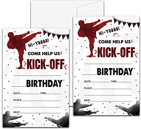 Karate-Geburtstagsparty-Einladungen, Kampfkunst-Thema, zum Ausfüllen, 20 Einladungen mit Umschlägen für Jugendliche Jungen (10,2 x 15,2 cm), Kinder-Ninja-Party-Dekorationen und -zubehör – 43