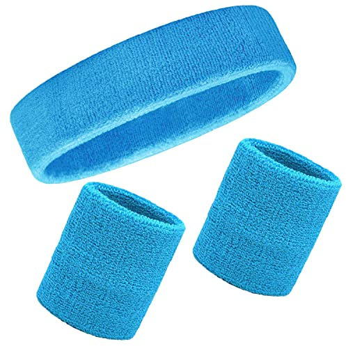 Schweißbänder Handgelenk Schweißbänder Stirnband Set Sport Wristbands Headbands 3 Stück,Sport Schweißband Armband Stirnbänder für Fußball Basketball Tennis Gymnastik (Sky Blue)