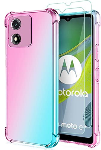 Osophter for Motorola Moto E13 Case: with 2pcs Screen Protector,two color gradient reinforced corner TPU shock absorption flexible Cell Phone Cover for Moto E13(Pink Teal)